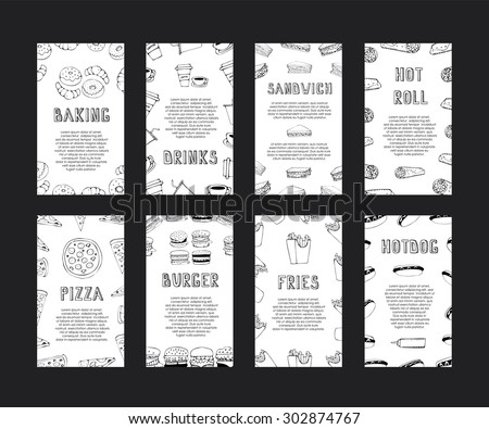 Hand drawn fast food cards. Menu cards. Invitation. Fast food menu doodle set. Fast food flyer. Fast food template menu design. Vector illustration.