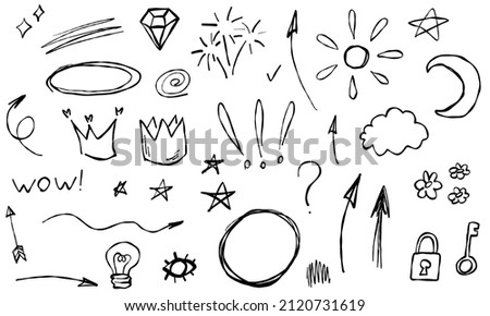Doodle frames line arrows flowers stars diamond question text crown. Sketch set cute isolated line collection for office.