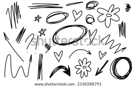 Doodle frame arrows flower stars hearts question. Sketch set cute scribble isolated line collection.