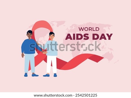 Males of different nationalities supporting each other. Gay couple holding hands. World AIDS day banner. Vector illustration in flat style.