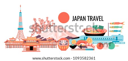 Japan travel banner with tokyo tower, fuji mountain, cherry blossom, ramen, temple, shinkanzen, sushi, Daruma doll, Dango, and flying fish flags, all in colorful flat style,white background, vector