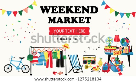 Weekend market banner with second hand shop doodle selling all old things like, clothes, suitcases, shoes, map, lamp and furnitures, all on white background, illustration, vector