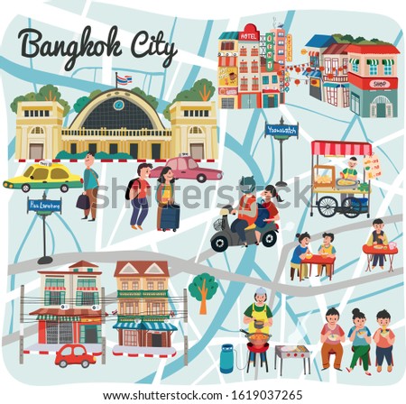 Bangkok map travel illustration, Bangkok city  landmark concept, in doodle style, Thailand, vector. 