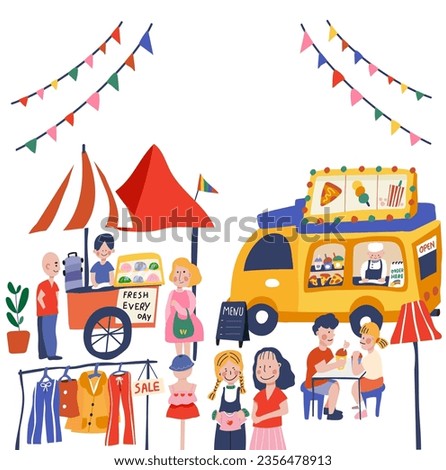 Open air market or bazaar having people selling foods, clothes, and goods with colorful doodle style, illustration, vector