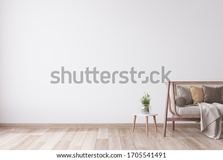 Stylish Modern wooden living room in white background, Scandinavian style, Rattan home decor, 3D render, 3D illustration