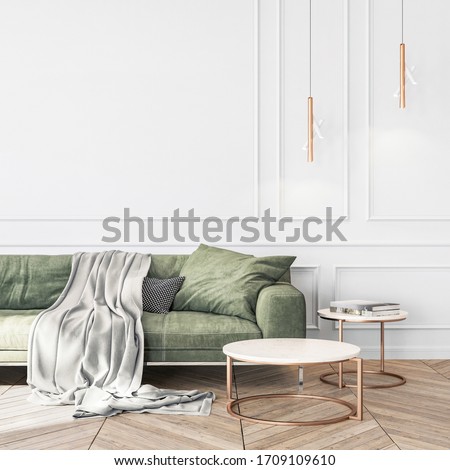 Stylish living room interior of modern apartment and trendy furniture, plants and elegant accessories. Home decor. Template, 3D render, 3D illustration