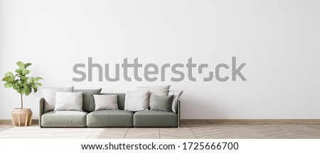 contemporary interior design for 3 poster frames in living room mock up with green couch, wooden pot and floor lamp, template, 3d render, illustration