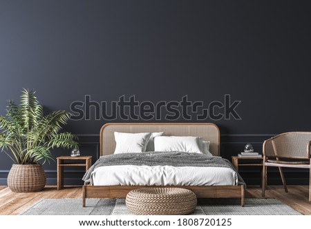 Dark bedroom interior mockup, wooden rattan bed on empty dark wall background, Scandinavian style, 3d render , 3d illustration