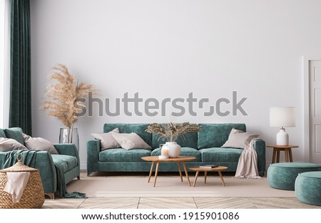 Home interior mock-up with green sofa, wooden table and trendy decoration in white bright living room, 3d render, 3d illustration 