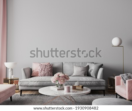 Elegant modern living room design, wall mockup in pink and gray home decor, 3d render, 3d illustration