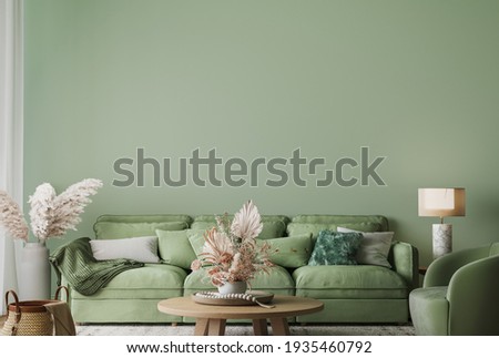 Wall mockup in modern living room design, minimal furniture with wooden home accessories on green background, 3d render, 3d illustration