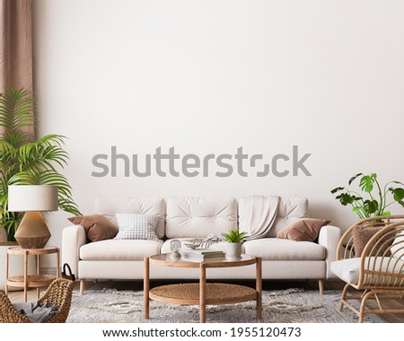 farmhouse interior living room, empty wall mockup in white room with wooden furniture and lots of green plants, 3d render, 3d illustration
