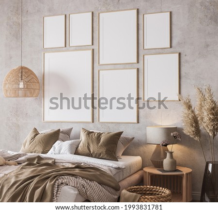 Wooden bedroom design with gallery wall frame mockup in loft apartment interior, 3d render, 3d illustration