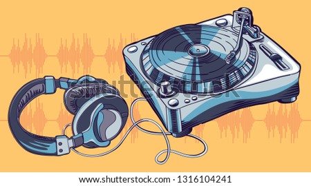 Turntable and headphones, decorative music design 