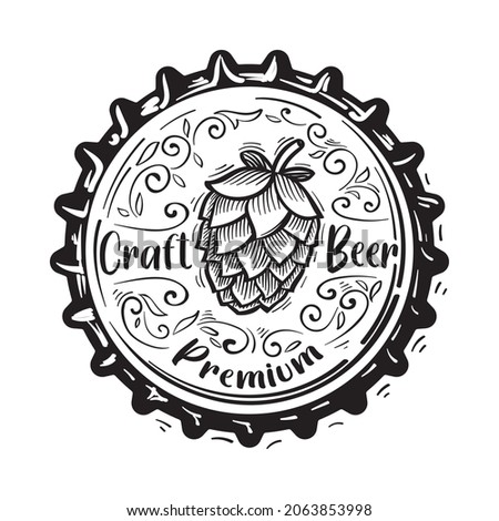 Hand drawn craft beer brewery emblem on bottle cap
