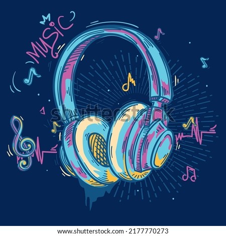 Music design - colorful graffiti drawn musical headphones and notes