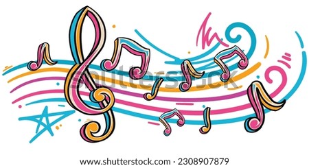 Musical melody - drawn colorful clef and notes decorative design
