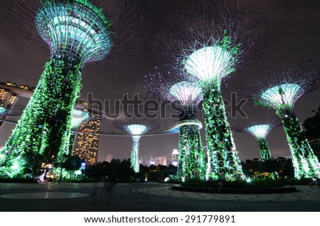 Singapore, Singapore - 10 July, 2014: Beautiful light up of Gardens by the bay Supertree Grove in Marina Bay Singapore.