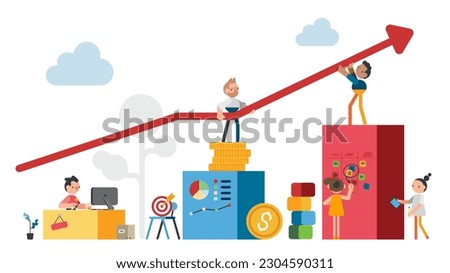 Strategy of long term planning vector illustration. Businessman building up analyzing project financial report and successful business development. Team working with graph chart and growth arrow