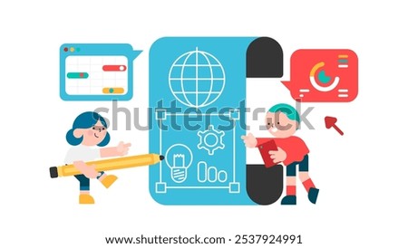 Website development, creation. Programming, script coding, application for mobile devices. A group of software developers. Vector illustration isolated on white background.