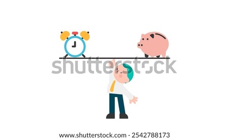 Time Finance. Business and Commercial Funding Solutions. time and money management. businessman balance a seesaw with clock and piggy bank.