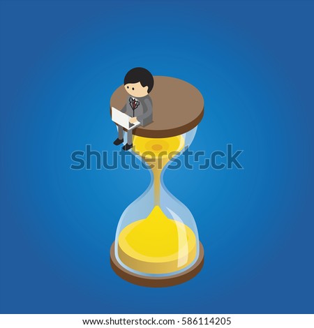 Young man with laptop sitting on top of hourglass legs dangling. Creative people collection.