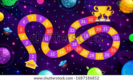 Graphic user interface for space adventure game. Template for children's board game. Vector background with funny rocket and cute planets. 商業照片 © 