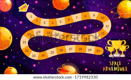 Graphic user interface for space adventure game. Template for children's board game. Vector background with funny and cute planets. 商業照片 © 