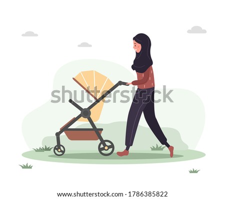 Young arab woman walking with her newborn child in an pram. Girl on a walk with a stroller and a baby in nature in the open air. Vector illustrations in flat style.