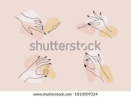 Female manicured hands. Lady painting, polishing nails. Nail polish and nail file. Vector Illustration of Elegant female hands in a trendy minimalist style. Beauty logo for nail studio or spa salon.