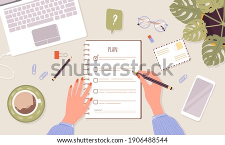 Month planning or checklist concept. Woman planning day or week. Task scheduling, work process organization and achievements of goals. Top-down view. Vector illustration in flat cartoon style.