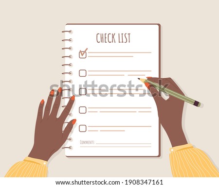Checklist concept. African woman planning day or week. Business task scheduling, work process organization and achievements of goals. Vector illustration in flat cartoon style.