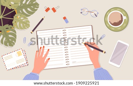 Open diary, planner or notebook concept. Woman write journal. Top view workplace with lists, reminders, schedules or agendas. Planning and organization. Vector illustration in flat cartoon style.