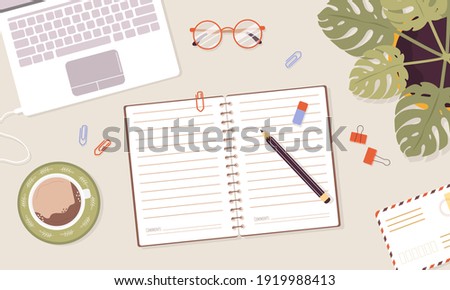 Open diary, planner or notebook concept. Top view workplace with lists, reminders, schedules or agendas. Effective personal planning and organization. Vector illustration in flat cartoon style.