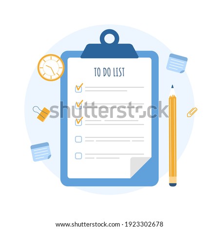 To do list in clipboard on the table. Business planning, organization and achievements of goals. Checklist with done mark. Vector illustration in flat cartoon style.