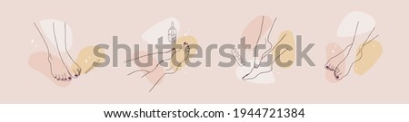 Pedicure spa female feet. Nail polish and nail file. Linear vector Illustration of elegant woman legs in a trendy minimalist style. Beauty logo for nail studio, beauty center or spa salon.