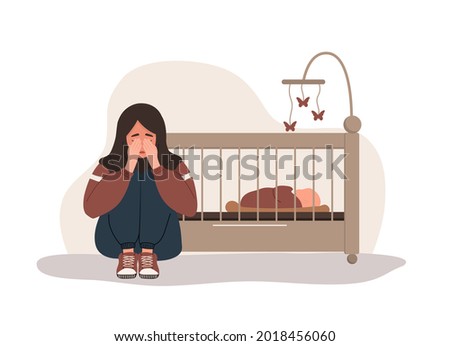 Postpartum depression. Arab tired woman sitting on the floor, crying and hugging her knees. Young mother needs psychological help. Mood disorder. Vector illustration in flat cartoon style.