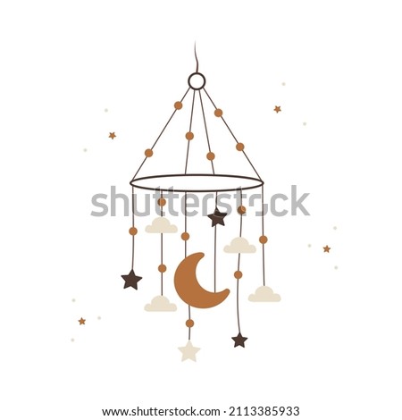 Boho baby mobile. Hand drawn scandinavian hanging crib for newborn isolated on white background. Vector illustration in flat cartoon style.