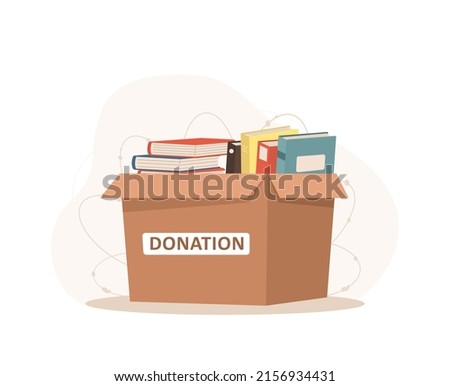 Book donation. Cardboard box full of different textbooks. Volunteering and social care concept. Support for poor people. World humanitarian day. Vector illustration in flat cartoon style.