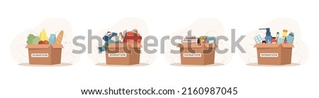 Donation boxes with clothes, toys, books and medicines. Help for homeless. Support for poor people and children. Volunteering and charity concept. Vector illustration in flat cartoon style.