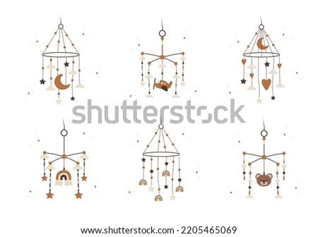 Boho baby mobile collection. Hand drawn scandinavian hanging toys for newborn isolated on white background. Vector illustration in flat cartoon style.