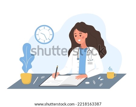 Female doctor writing medical prescription. Woman in white medical coat sitting at table and write recipe for patient. Healthcare and pharmacy concept. Vector illustration in flat cartoon style.