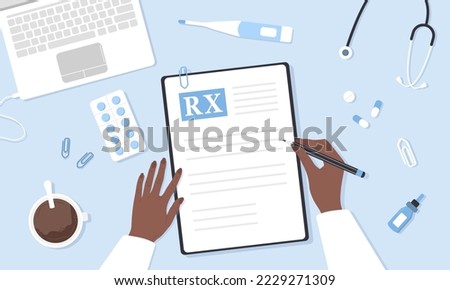 Medical prescription drugs. African therapist writing recipe for patient. Top view doctor workplace with lists, pills and stethoscope. Pharmacy control. Vector illustration in flat cartoon style.