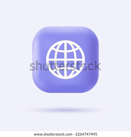 3d world wide web icon. Browser symbol on realistic violet button. Modern infographic logo and pictogram. Vector cartoon illustration.