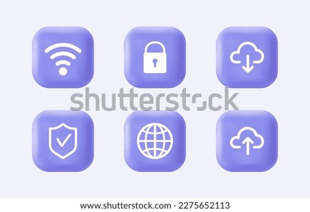 3d internet security icon set. Shield, wifi, lock, downloading, uploading on realistic violet buttons. Modern infographic logo and pictogram collection. Vector cartoon illustration.