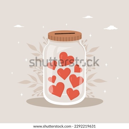 Donation glass jar with red hearts. Give and share your love. Support for poor people and children. International charity day. Vector illustration in flat cartoon style.