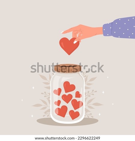 Donation glass jar with red hearts. Female hand throw heart in huge bottle for donate. Give and share your love. Support for poor people and children. Vector illustration in flat cartoon style.