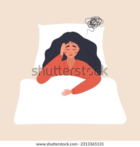 Insomnia concept. Tired and upset woman suffer from headache. Sleepless girl lying in bed and thinking about problems. Vector illustration in flat cartoon style. Pregnancy or menopause.