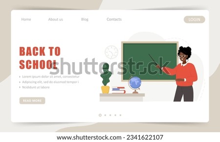Back to school. Landing page template. African female teacher in classroom with pointer at chalkboard. School and college concept. Vector illustration in flat cartoon style.