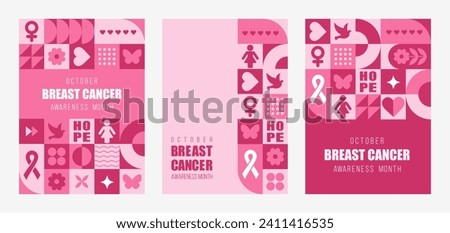 Breast Cancer Awareness Month posters. Set of Neo geometric backgrounds. Trendy minimalist designs with simple shapes and elements. Vector illustration in bauhaus minimalist style.